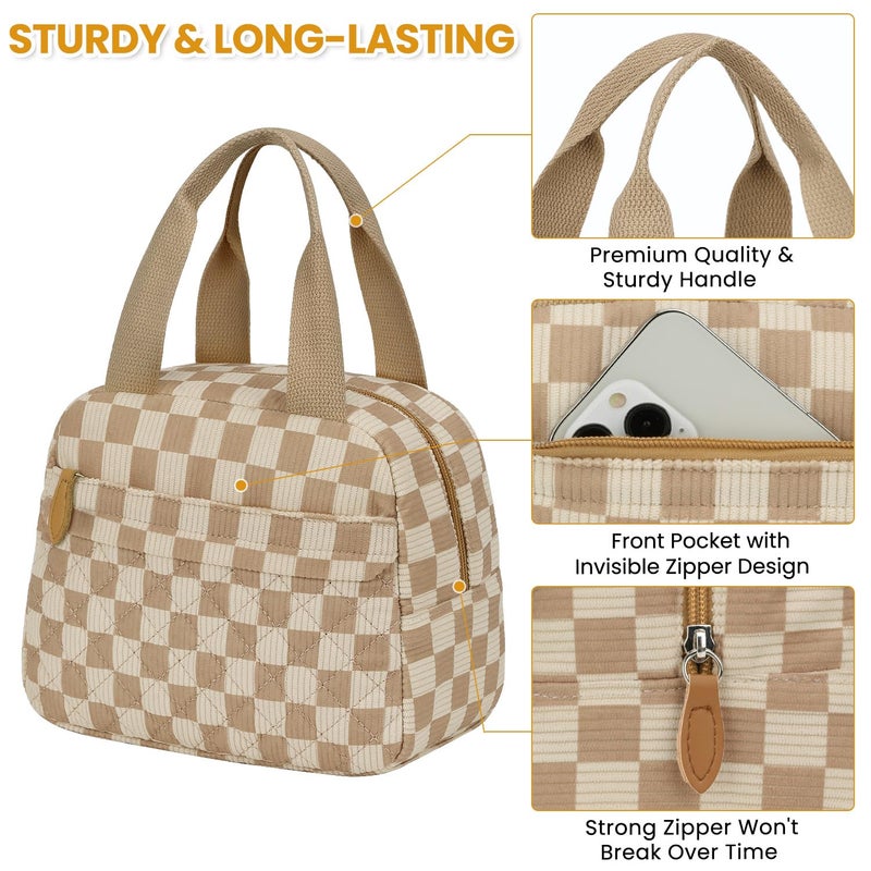 ELONGRIVER Insulated Lunch Bag for Women, Portable Lightweight Lunch Box for Adults, Reusable Small Lunch Tote Cooler Bags with Front Zipper Pocket for Work School Picnic(Corduroy Khaki Checkered) - Image 4