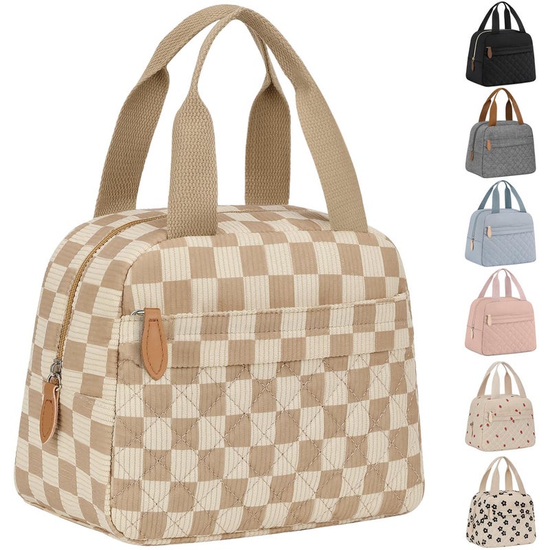 ELONGRIVER Insulated Lunch Bag for Women, Portable Lightweight Lunch Box for Adults, Reusable Small Lunch Tote Cooler Bags with Front Zipper Pocket for Work School Picnic(Corduroy Khaki Checkered) - Image 1