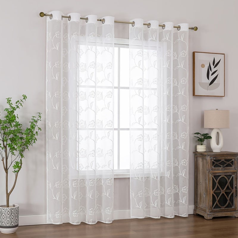 2pcs White Embroidered Sheer Curtains Bali Style Light Transmitting Panels Heat Insulation Metal Ring Top For Bedroom Living Room Window 150x245 - Image 4