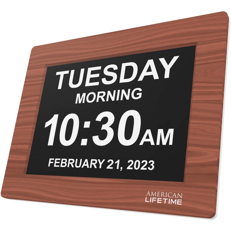 American Lifetime Upgraded Version Day Clock Extra Large Impaired Vision Digital Clock with Backup and 5 Alarm Options Brown Wood