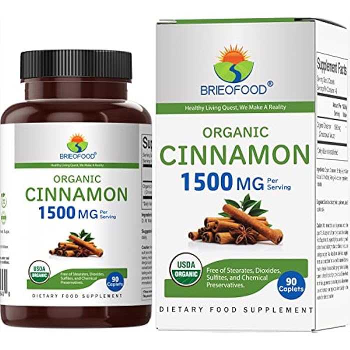 Brieofood Organic Cinnamon 1500mg, 45 Servings, Vegetarian, Gluten Free, 90 Vegetarian Tablets - Image 1