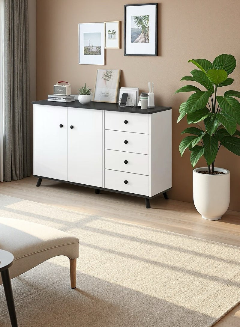 CityRiya-Long Multi-Functional Storage Cabinet,Modern Chest of Drawers,Dresser,White Buffet Sideboard Cabinet Coffee Stand,with 4 Drawers and 2 Doors for Household Items and Kitchenware Dresser, Buffet Sideboard for Living Room, Dining Room and Bedroom(GLC104) - Image 1