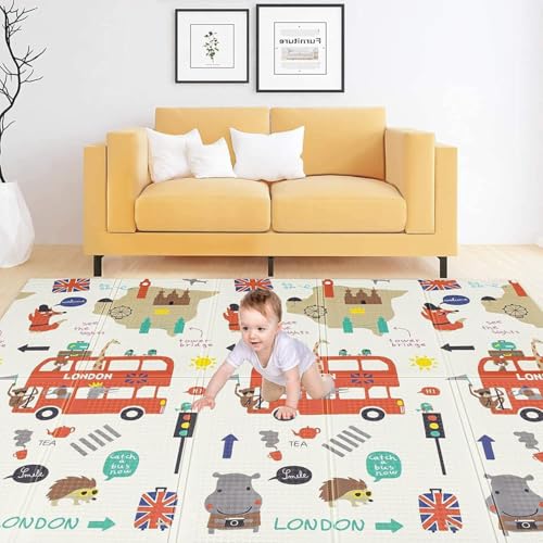 TARKAN Extra Large Reversible Baby Play Mat, BIS Safety Certified, BPA Free Foldable Foam Crawling Mat (6.5x5 ft, 6mm Thickness) London - Jungle - Image 1