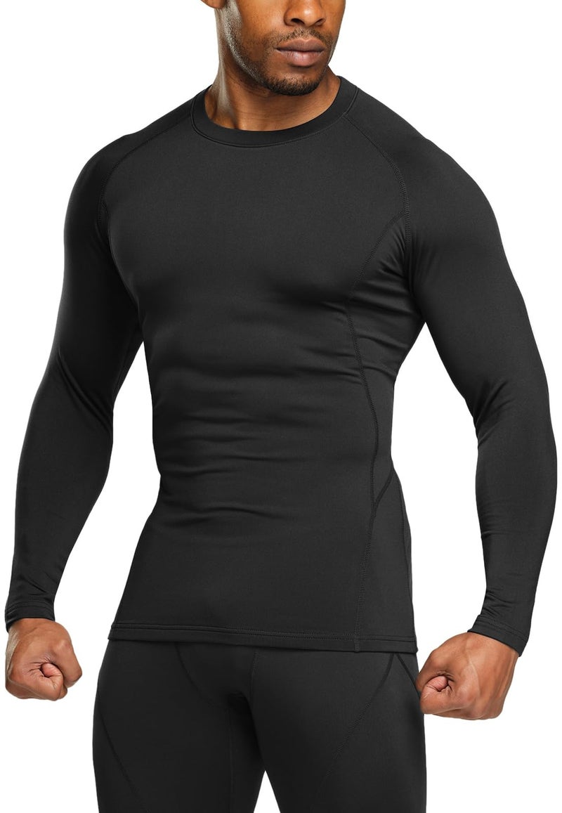 TSLA Men's Thermal Long Sleeve Compression Shirts, Athletic Base Layer Top, Winter Gear Running T-Shirt, Heatlock Round Neck Black, Small