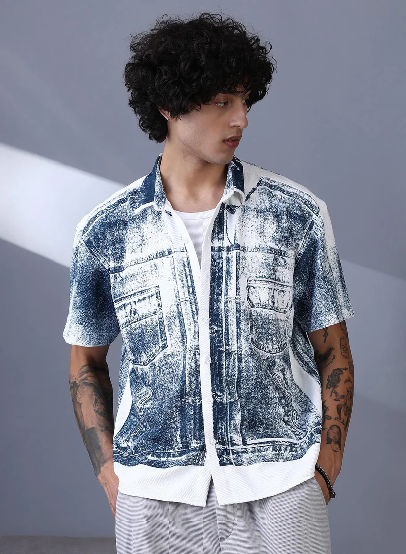 Campus Sutra Men's Navy Blue Denim-Imprint Relaxed Shirt | Spread Collar , Short Regular Sleeves , Button Closure , Straight Hem | Printed-Plain | Cotton-Blend Shirt For Casual Wear