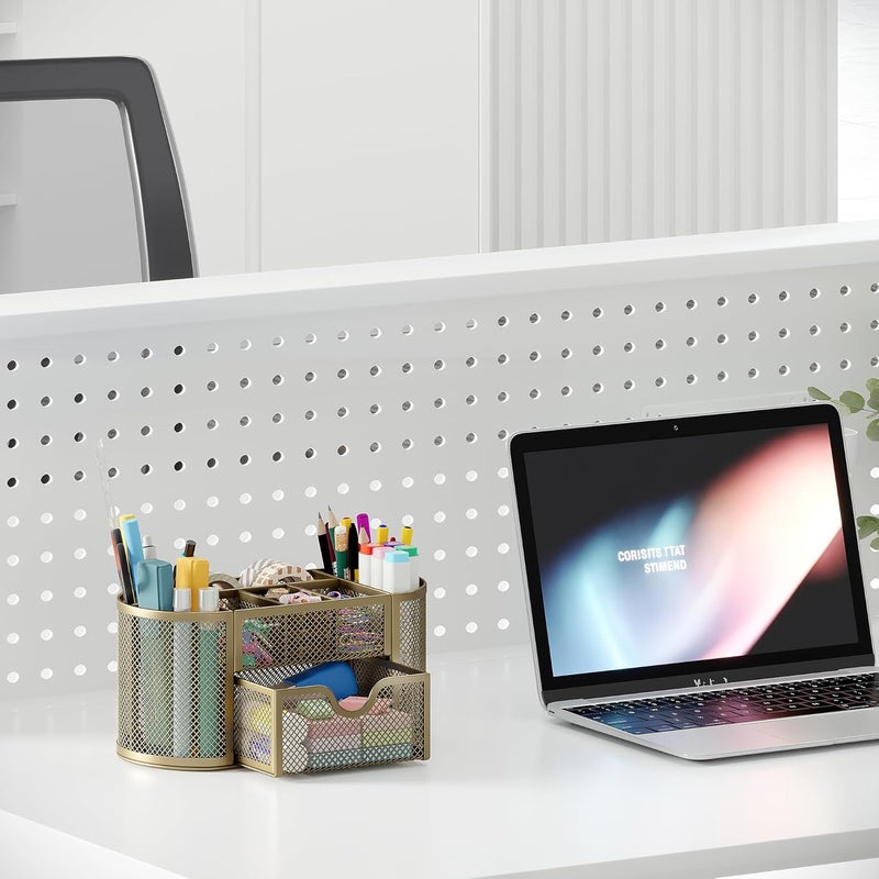 EasyPag Mesh Pen Holder Desk Organizer with Drawer Stationery Supplies Organizer for Dorm School 9 Compartments Workspace Desk Accessories Organization for Office, Gold - Image 5