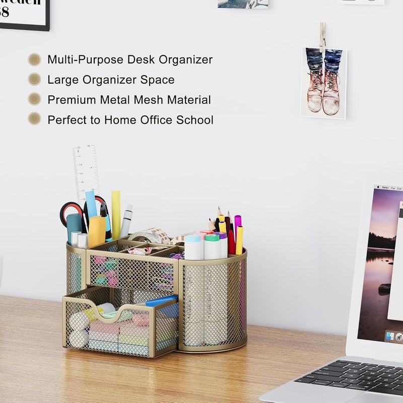 EasyPag Mesh Pen Holder Desk Organizer with Drawer Stationery Supplies Organizer for Dorm School 9 Compartments Workspace Desk Accessories Organization for Office, Gold - Image 2