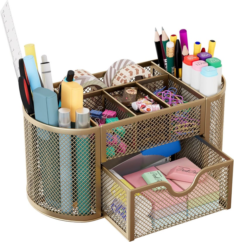 EasyPag Mesh Pen Holder Desk Organizer with Drawer Stationery Supplies Organizer for Dorm School 9 Compartments Workspace Desk Accessories Organization for Office, Gold - Image 1