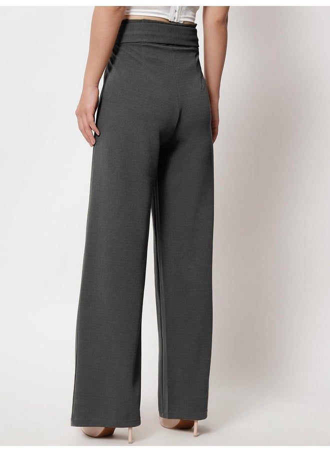 Kotty KOTTY Women Regular Fit Cotton Blend Trousers Dark Grey  - Image 4
