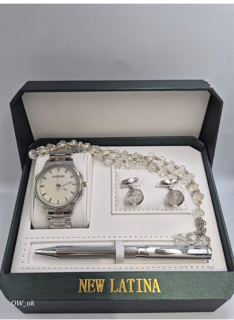 A set consisting of a watch, a cufflink, a rosary, and a pen