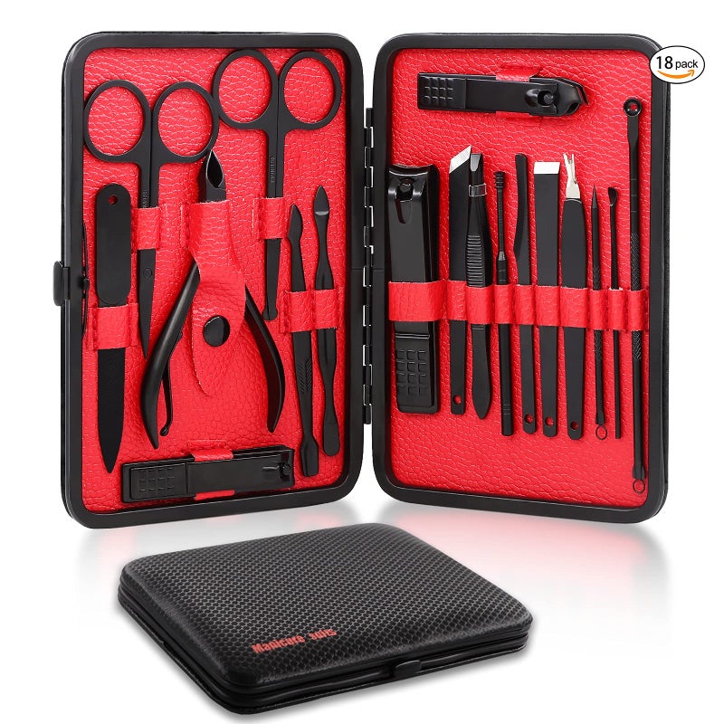 Askhald Manicure set, manicure set for men and women- premium stainless steel, Nail Scissors Nail File Ear Pick Tweezers Nose Hair Scissors with Black Leather Travel Case SET 18P (Black) - Image 2
