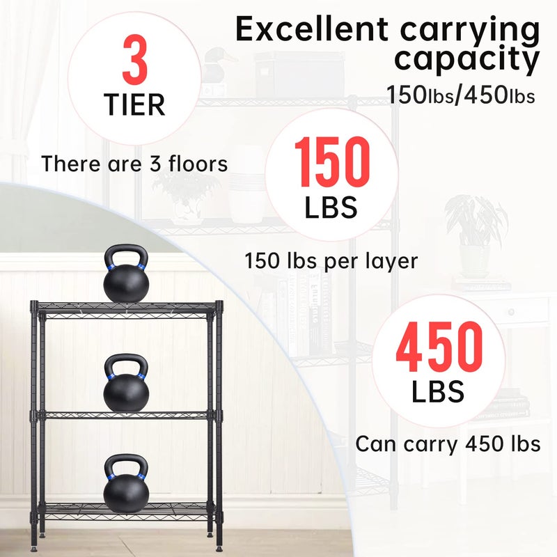 BestOffice 3-Shelf Adjustable Metal Storage Shelves Wire Shelving Unit Organizer Wire Rack 450Lbs Capacity for Small Places Kitchen Garage 23Lx13.2Wx30.2H,Black - Image 2