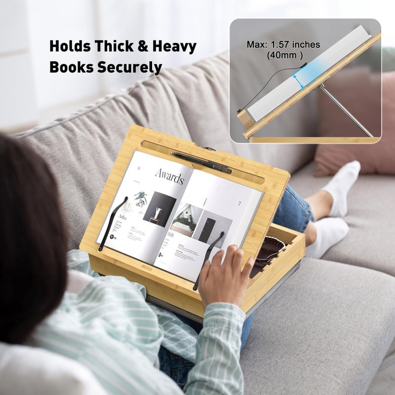 AboveTEK Book Stand for Reading with Storage, Adjustable Bamboo Book Holder with Soft Lap Cushion, Cookbook Stand, Hands-Free Book Reading Stand for Bed, Desktop & Kitchen Counter - Image 4