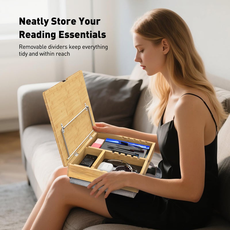 AboveTEK Book Stand for Reading with Storage, Adjustable Bamboo Book Holder with Soft Lap Cushion, Cookbook Stand, Hands-Free Book Reading Stand for Bed, Desktop & Kitchen Counter - Image 3