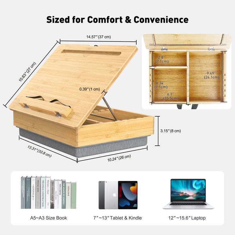 AboveTEK Book Stand for Reading with Storage, Adjustable Bamboo Book Holder with Soft Lap Cushion, Cookbook Stand, Hands-Free Book Reading Stand for Bed, Desktop & Kitchen Counter - Image 5