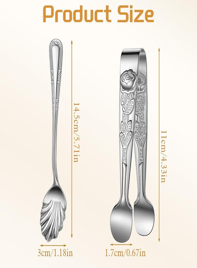 Elegaperma 4pcs Sugar Cube Tongs, Tiny Sugar Tongs for Sugar Cubes, Rose Relief Handle and Petal Spoon for Sugars Cubes Tea, Coffee, Appetizers & Desserts,Silver - Image 2