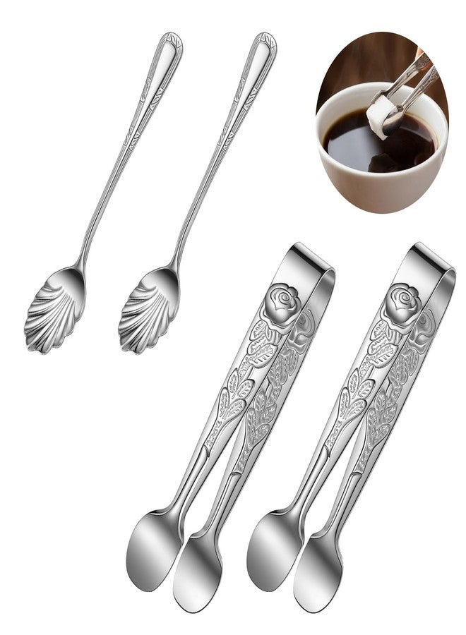 Elegaperma 4pcs Sugar Cube Tongs, Tiny Sugar Tongs for Sugar Cubes, Rose Relief Handle and Petal Spoon for Sugars Cubes Tea, Coffee, Appetizers & Desserts,Silver - Image 1
