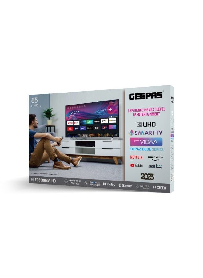 GEEPAS - 55" Ultra HD 4K Smart LED TV ,Frameless Design, WebOS, Voice Control, Wi-Fi, Android Compatibility, Multiple HDMI & USB, Dolby Audio, HQ Sound, Netflix, Prime Video, Black, with Remote Control - Image 1