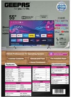 GEEPAS 55" Ultra HD 4K Smart LED TV ,Frameless Design, WebOS, Voice Control, Wi-Fi, Android Compatibility, Multiple HDMI & USB, Dolby Audio, HQ Sound, Netflix, Prime Video, Black, with Remote Control  - Image 5