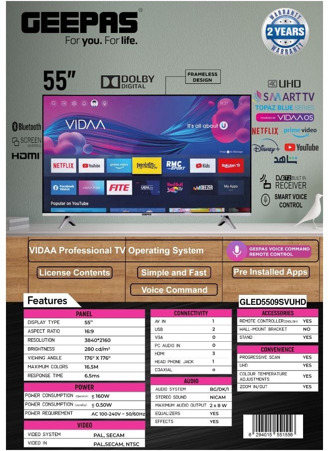GEEPAS - 55" Ultra HD 4K Smart LED TV ,Frameless Design, WebOS, Voice Control, Wi-Fi, Android Compatibility, Multiple HDMI & USB, Dolby Audio, HQ Sound, Netflix, Prime Video, Black, with Remote Control - Image 1