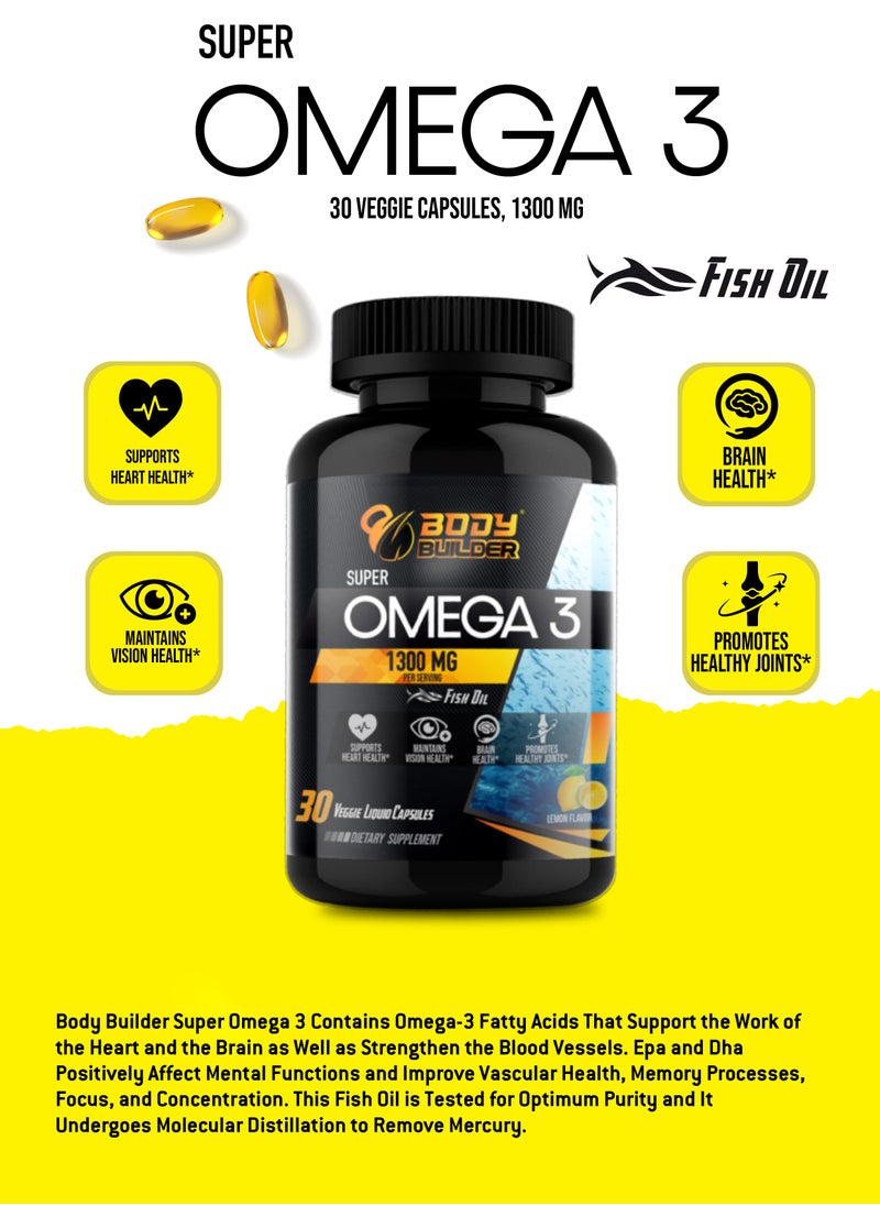 Body Builder - Super Omega 3, USA Manufactured, EPA-480,DHA-320,1300 Mg ,Brain Health, Supports Heart Health,30 Veggie Capsules - Image 1