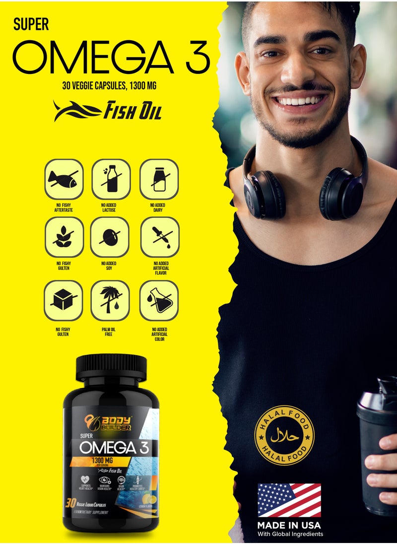 Body Builder - Super Omega 3, USA Manufactured, EPA-480,DHA-320,1300 Mg ,Brain Health, Supports Heart Health,30 Veggie Capsules - Image 1