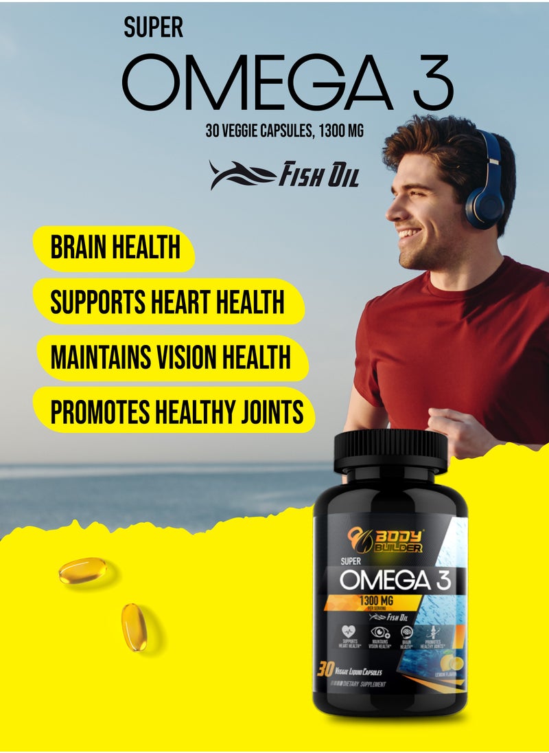 Body Builder - Super Omega 3, USA Manufactured, EPA-480,DHA-320,1300 Mg ,Brain Health, Supports Heart Health,30 Veggie Capsules - Image 1