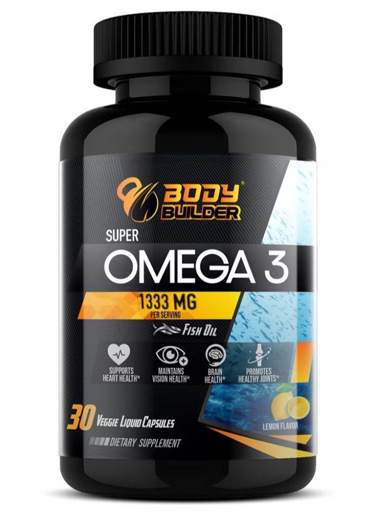 Body Builder Super Omega 3 Fish Oil, USA Manufactured, EPA-480,DHA-320,1300 Mg ,Brain Health, Supports Heart Health,30 Veggie Capsules - Image 1