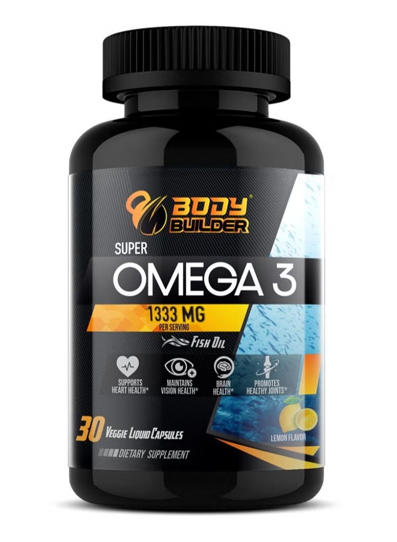 Body Builder Super Omega 3 Fish Oil, USA Manufactured, EPA-480,DHA-320,1300 Mg ,Brain Health, Supports Heart Health,30 Veggie Capsules - Image 1