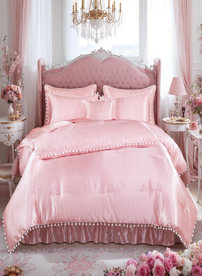 Bedorm Pink Satin Comforter Set 10 Pcs Silk Like Silky Bedding Set King Size White Pom Pom Aesthetic Comforter Queen Bed in A Bag with Comforter & Sheet Set & Pillowcase & Bed Skirt - Image 2