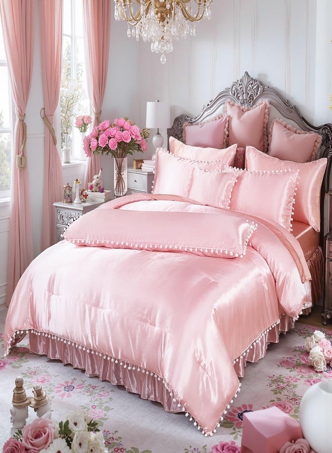 Bedorm Pink Satin Comforter Set 10 Pcs Silk Like Silky Bedding Set King Size White Pom Pom Aesthetic Comforter Queen Bed in A Bag with Comforter & Sheet Set & Pillowcase & Bed Skirt - Image 3