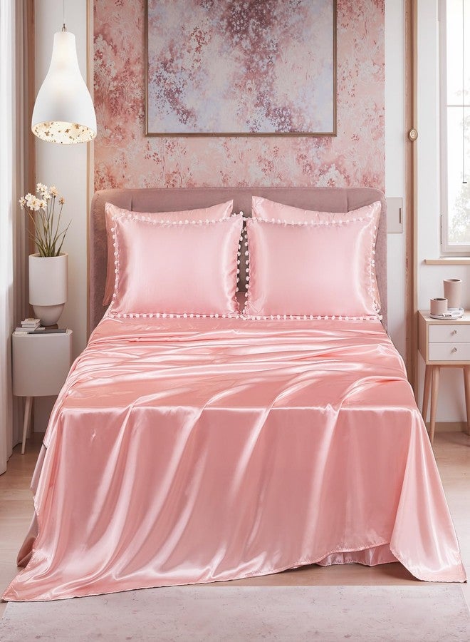 Bedorm Pink Satin Comforter Set 10 Pcs Silk Like Silky Bedding Set King Size White Pom Pom Aesthetic Comforter Queen Bed in A Bag with Comforter & Sheet Set & Pillowcase & Bed Skirt - Image 5