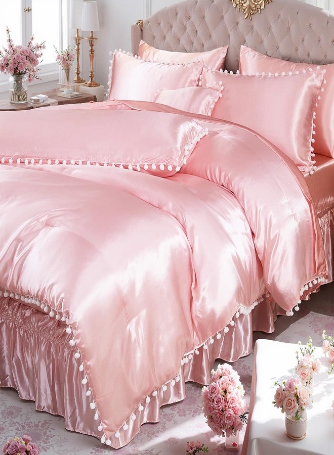 Bedorm Pink Satin Comforter Set 10 Pcs Silk Like Silky Bedding Set King Size White Pom Pom Aesthetic Comforter Queen Bed in A Bag with Comforter & Sheet Set & Pillowcase & Bed Skirt - Image 1