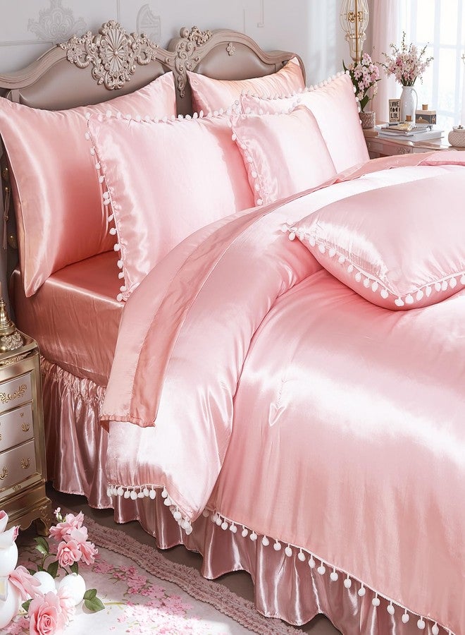 Bedorm Pink Satin Comforter Set 10 Pcs Silk Like Silky Bedding Set King Size White Pom Pom Aesthetic Comforter Queen Bed in A Bag with Comforter & Sheet Set & Pillowcase & Bed Skirt - Image 4