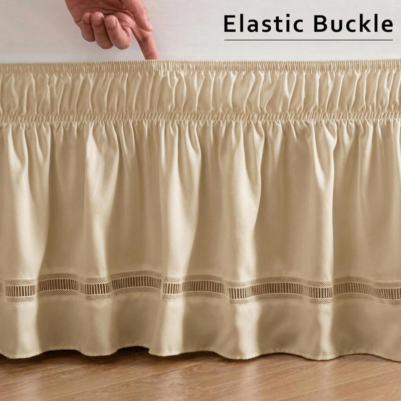 MIYE Global upgraded practical design Wrap Around Ruffled Lace Bed Skirt, Elastic Dust Ruffle with Adjustable Belts, Easy to Put On, Bed Frame Cover, Machine Washable (Ruffled Lace/Beige, King/Queen-15 Drop) Cost effective global grade quality - Image 5