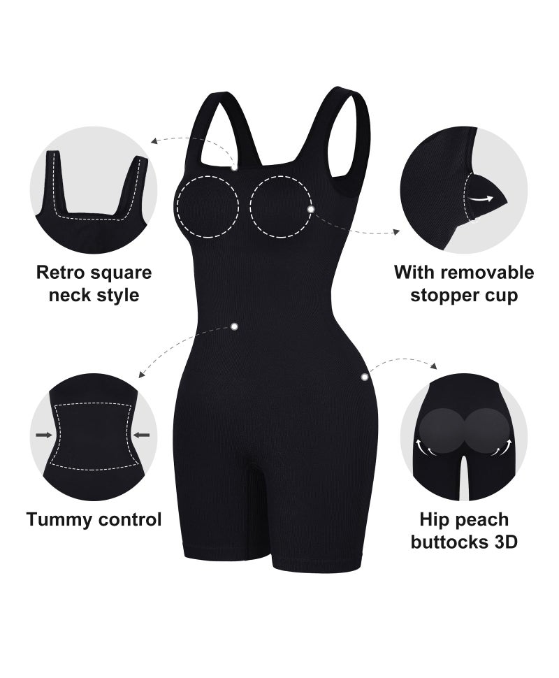Popilush Shapewear Jumpsuits for Women Built-in Bra Square Neck Rompers Shorts Bodycon Bodysuits Summer Outfits Black - Image 3