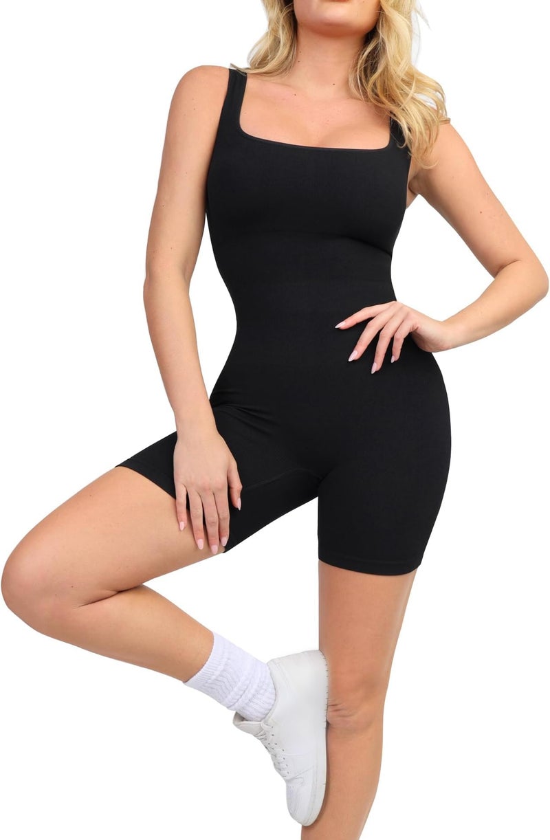 Popilush Shapewear Jumpsuits for Women Built-in Bra Square Neck Rompers Shorts Bodycon Bodysuits Summer Outfits Black - Image 1