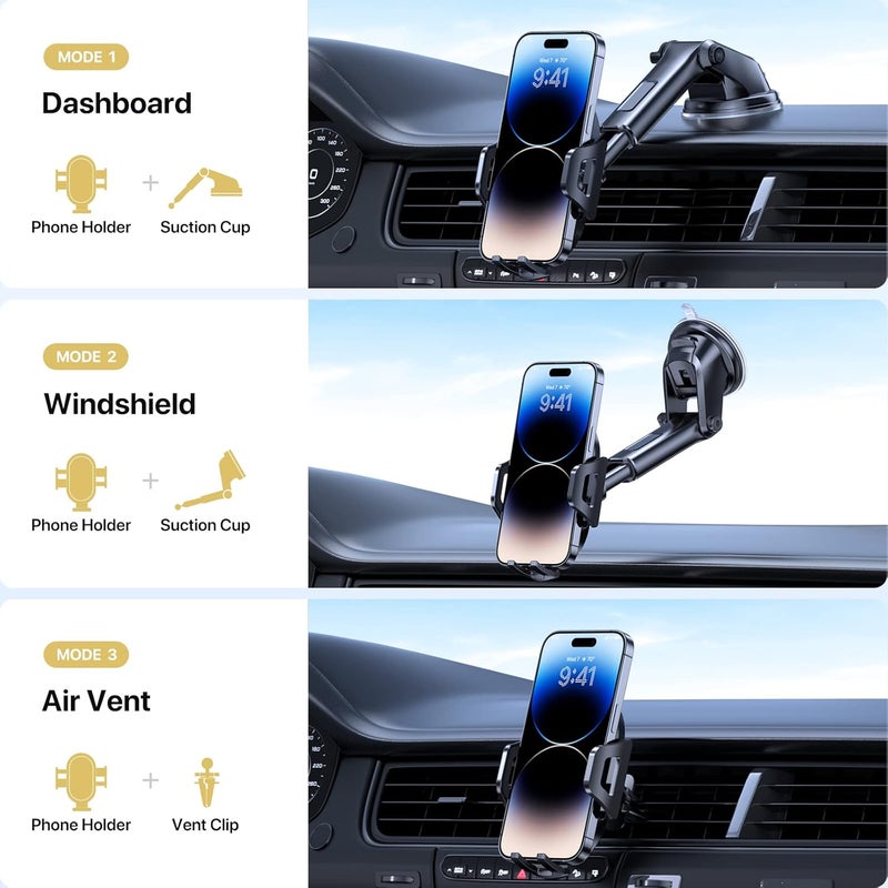 Miracase 2024 New Generation Car Phone Holder with Long Arm for Dashboard, Windshield, and Air Vent - Compatible with All Smartphones (Black) - Image 2