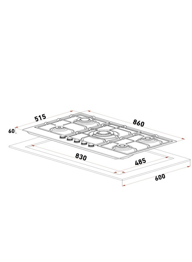 XPER Built-in Gas Hob - 86 cm - 5 Burner Burners - Turkish - Steel - XPBH90CIG - Image 4
