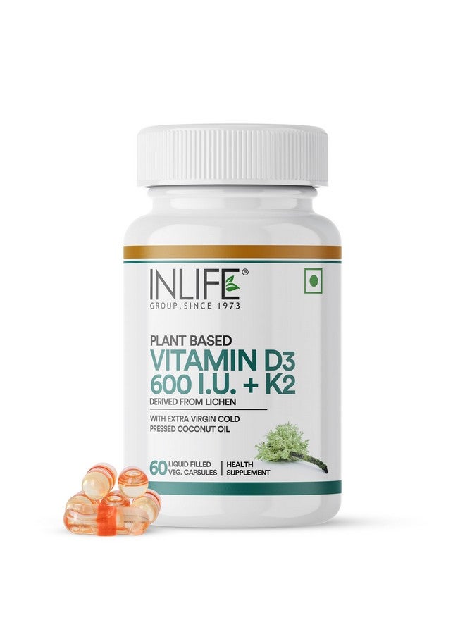 Inlife مكمل فيتامين D3 K2 من INLIFE من مصدر الطحالب مع زيت جوز الهند البكر المعصور على البارد لصحة العظام ودعم المناعة، 600 وحدة دولية - 60 كبسولة نباتية (عبوة من 1) - Image 1