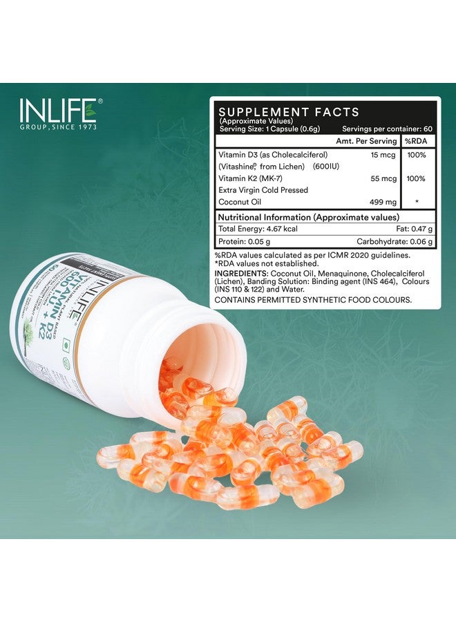 Inlife مكمل فيتامين D3 K2 من INLIFE من مصدر الطحالب مع زيت جوز الهند البكر المعصور على البارد لصحة العظام ودعم المناعة، 600 وحدة دولية - 60 كبسولة نباتية (عبوة من 1) - Image 2