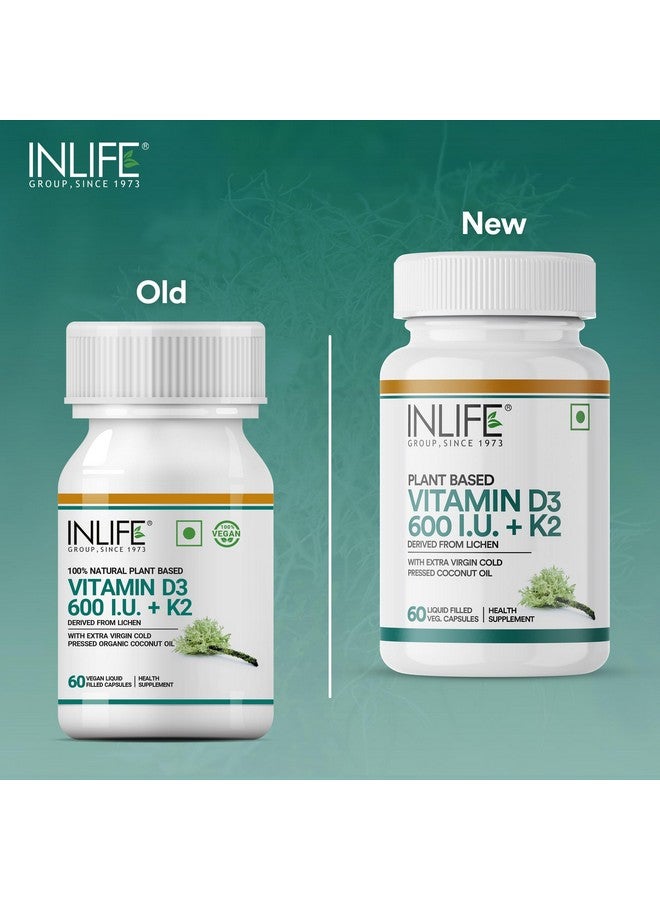 Inlife مكمل فيتامين D3 K2 من INLIFE من مصدر الطحالب مع زيت جوز الهند البكر المعصور على البارد لصحة العظام ودعم المناعة، 600 وحدة دولية - 60 كبسولة نباتية (عبوة من 1) - Image 4