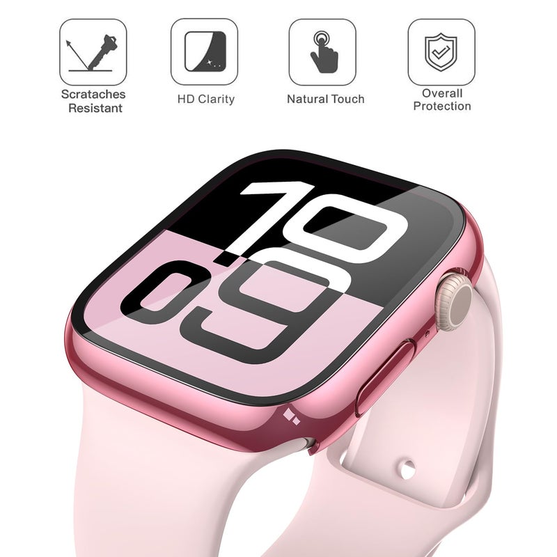 Misxi 2 Pack Tempered Glass Case Compatible for Apple Watch Series 11 (2025) Series 10 46mm, Hard PC Screen Protector Overall Protection Scratch-Resistant Cover for iWatch, 1 Rose Pink + 1 Transparent - Image 3