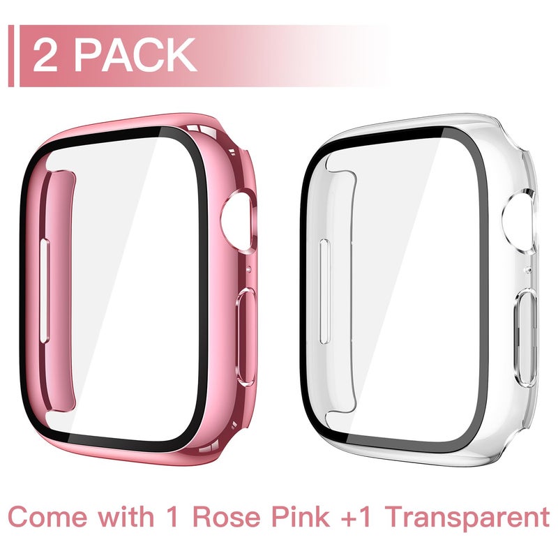 Misxi 2 Pack Tempered Glass Case Compatible for Apple Watch Series 11 (2025) Series 10 46mm, Hard PC Screen Protector Overall Protection Scratch-Resistant Cover for iWatch, 1 Rose Pink + 1 Transparent - Image 2