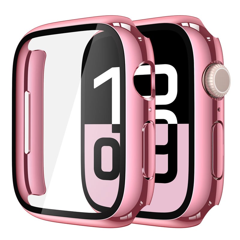 Misxi 2 Pack Tempered Glass Case Compatible for Apple Watch Series 11 (2025) Series 10 46mm, Hard PC Screen Protector Overall Protection Scratch-Resistant Cover for iWatch, 1 Rose Pink + 1 Transparent - Image 1