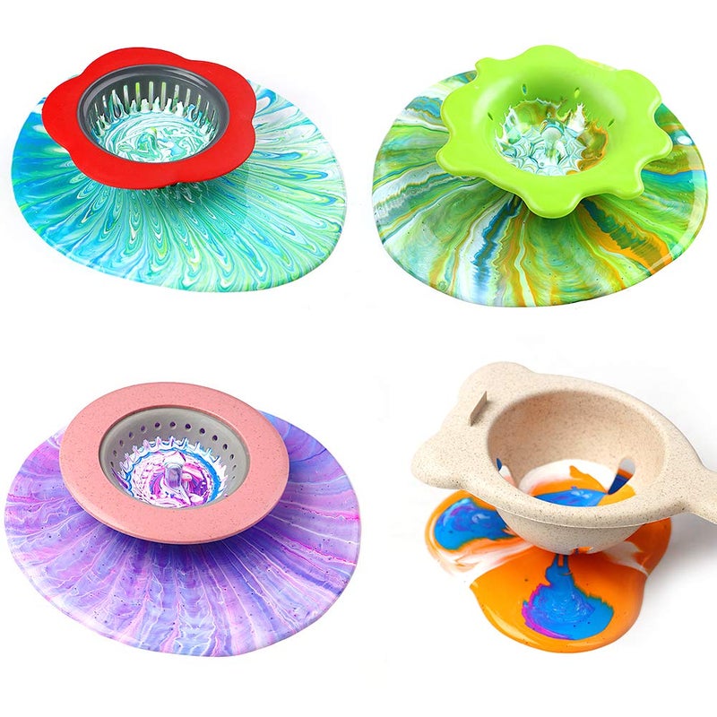 Angela&Alex Acrylic Pouring Strainers, Angela&Alex 5 PCS Flow Painting Tools Christmas DIY Kits Drawing Sets Flower Strainers Plastic Silicone Drain Basket Unique Pattern Train Art Supplies - Image 2