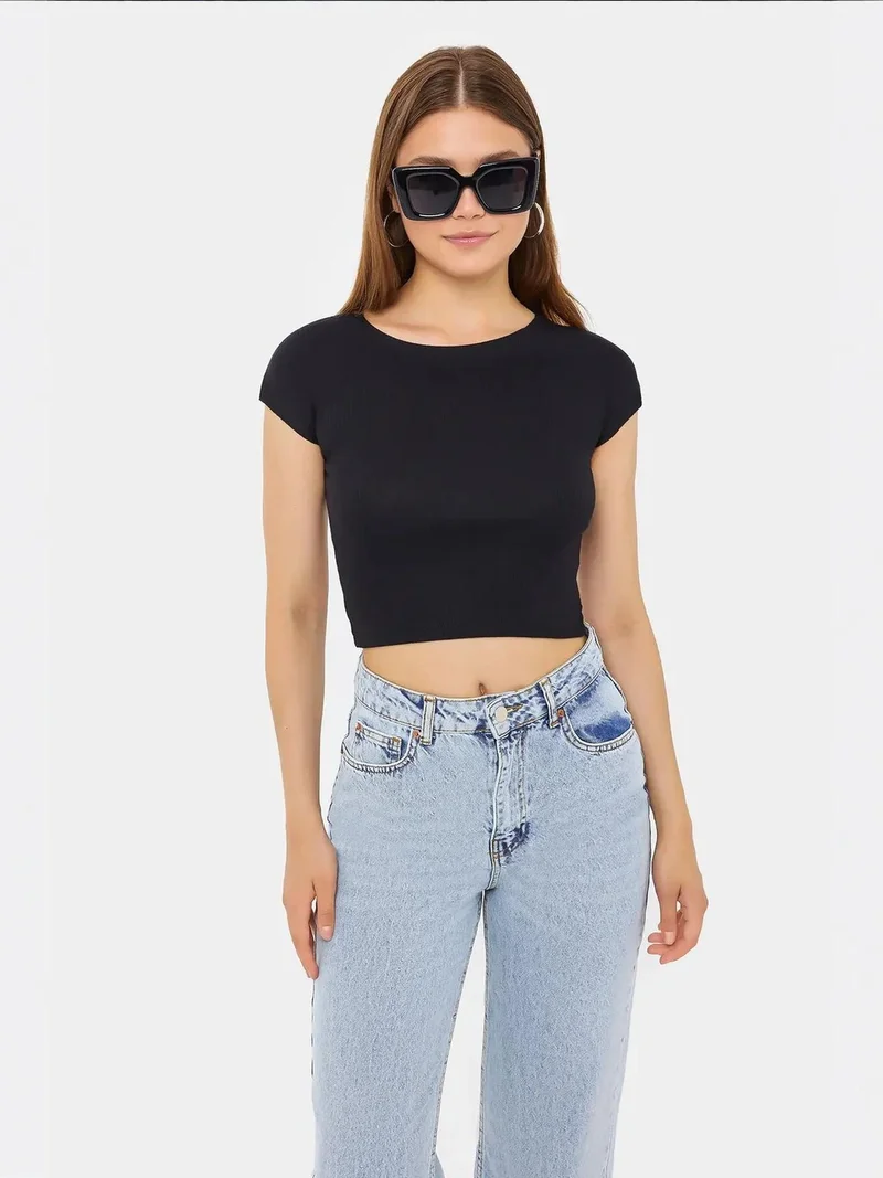 HICCUP Basic Round Neck Short Sleeve Cropped Top