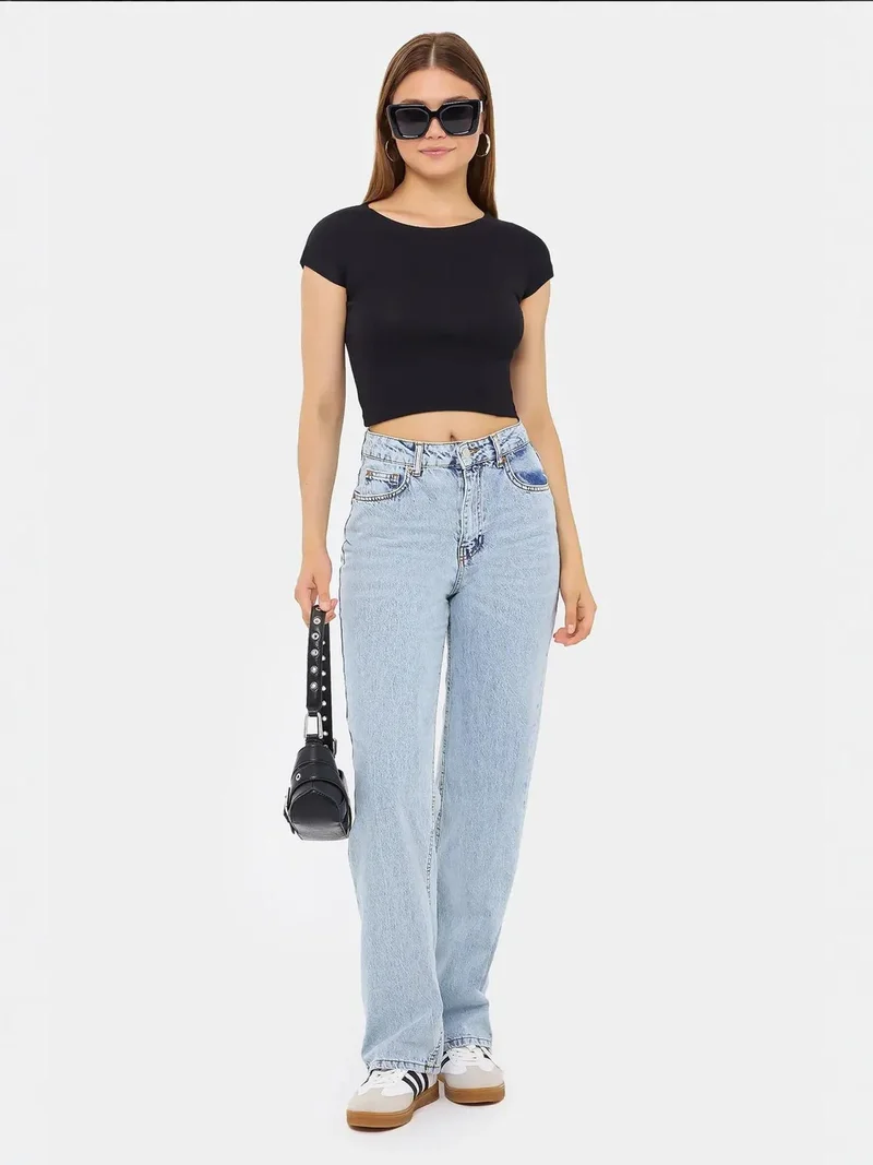 Hiccup Black Basic Round Neck Short Sleeve Cropped Top for Women | Best Price UAE