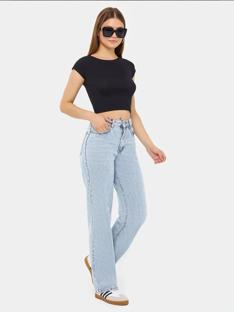 Hiccup Black Basic Round Neck Short Sleeve Cropped Top for Women | Best Price UAE