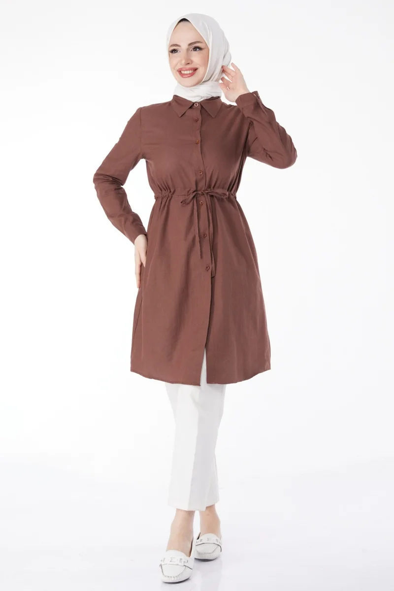 Tofisa Plain Mid Women's Brown Waist Tunic with Tunnel Detail - 13157